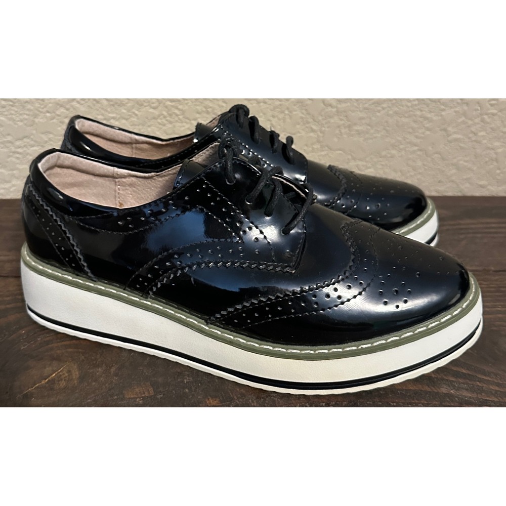 Dadawen Womens Black Patent Wingtip Platform Oxford Shoes Size 7 Brogue - Picture 2 of 15